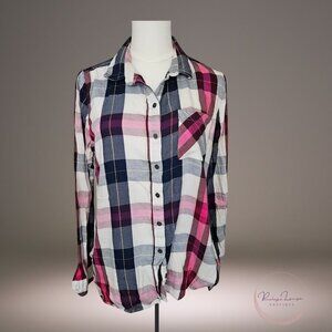 True Craft Plaid Button Front Shirt L – Pink Navy Check Oversized Casual